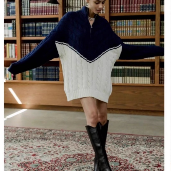 STAUD Hampton Half Zip Cable Knit Long Sweater Knit - Navy/Ivory Casual Two Tone - Picture 1 of 10